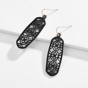 Black ornate geometric cut out dangle earrings